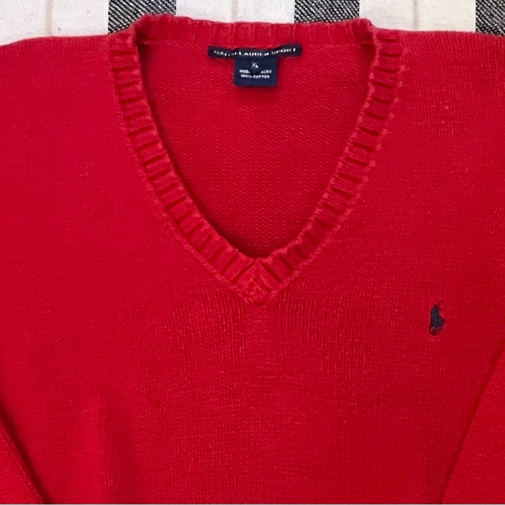 POLO RALPH LAUREN SPORT-Red Cotton Knit V Neck Sweater Sz XL Women